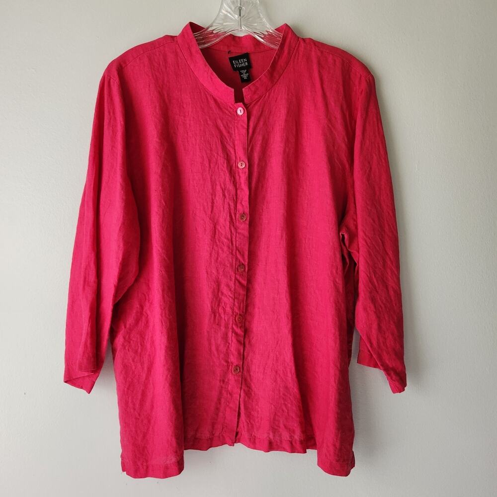 Eileen Fisher Irish Linen Shirt Women's XL Fuchsia Button Up Boho Chic Coastal
